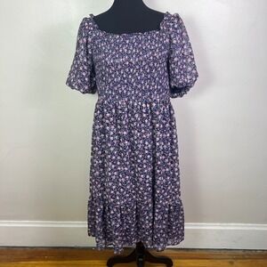 Lauren Conrad Floral Midi Dress XXL Square Neck Smocked Pink Blue